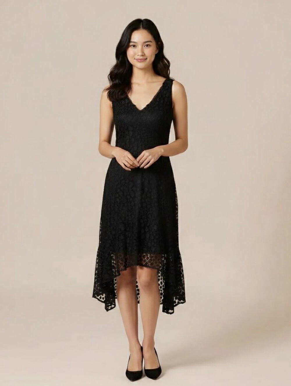 Rare Y2K Gothic Flapper Lace Dress Black Asymmetrical Hem WHBM Size L Romantic
